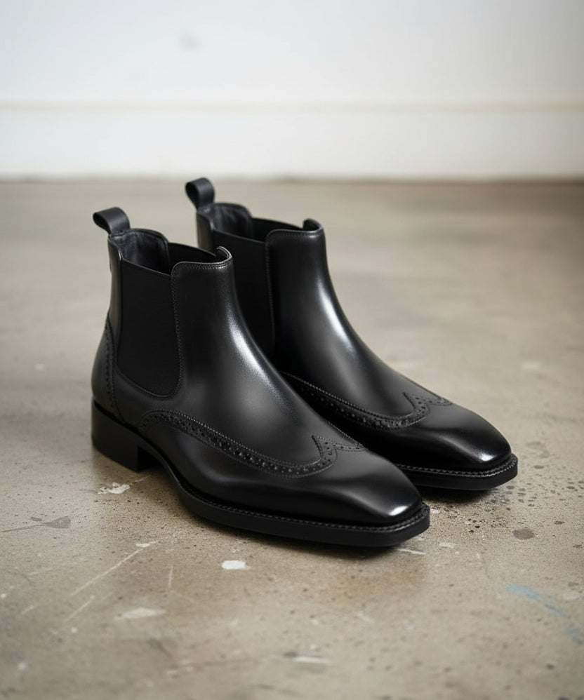 Handmade Mens black wingtip chelsea boots, Men dress boots, Mens ankle boot - 3-4-right-view