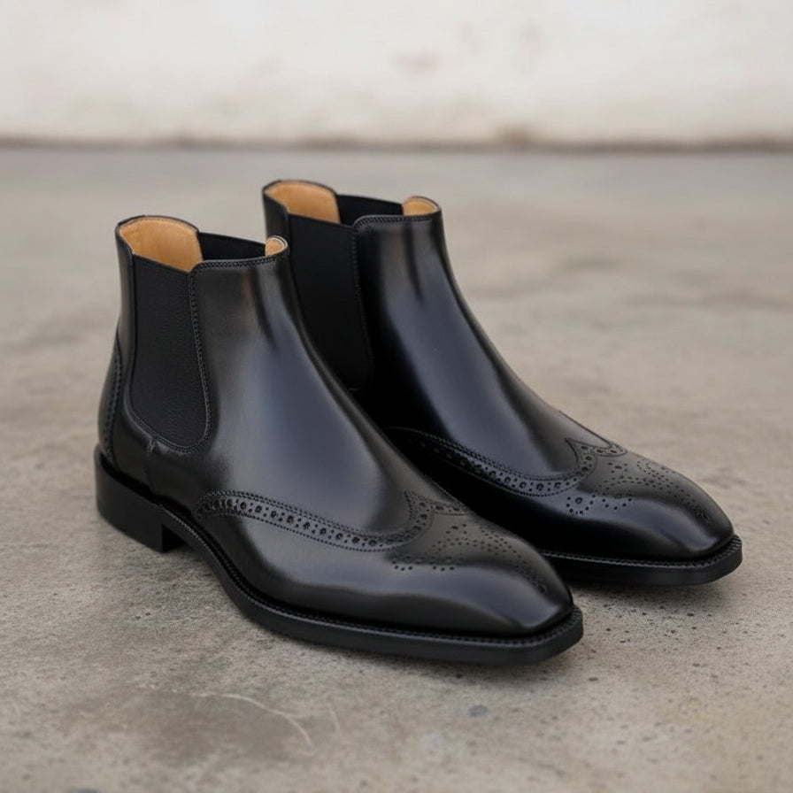 Handmade Mens black wingtip chelsea boots, Men dress boots, Men brogue boot - 3-4-right-view