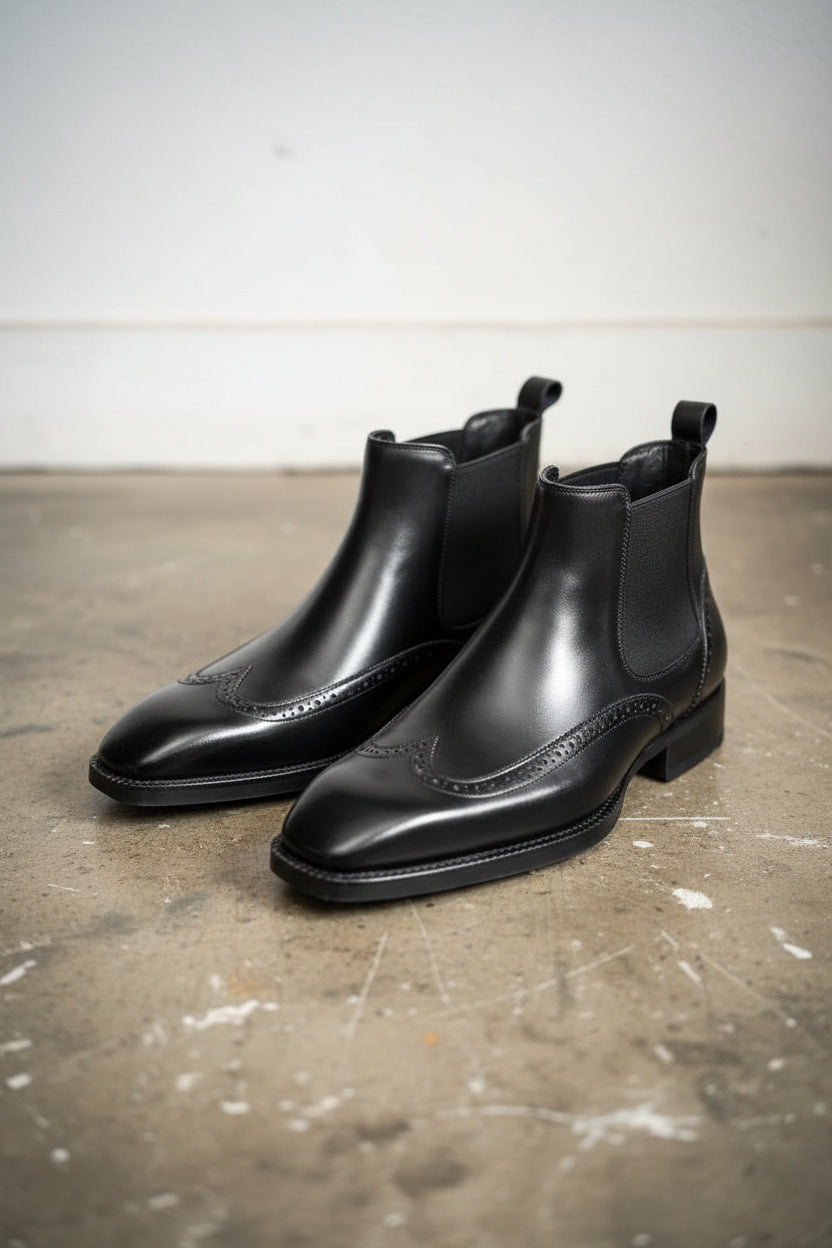 Handmade Mens black wingtip chelsea boots, Men dress boots, Mens ankle boot - angle-view-showing-depth