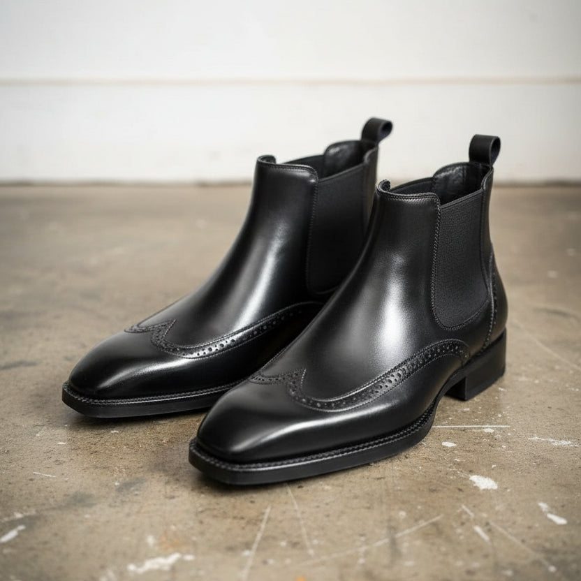 Handmade Mens black wingtip chelsea boots, Men dress boots, Mens ankle boot - angle-view-showing-depth