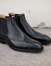 Handmade Mens black wingtip chelsea boots, Men dress boots, Men brogue boot - detail-view-showing-texture