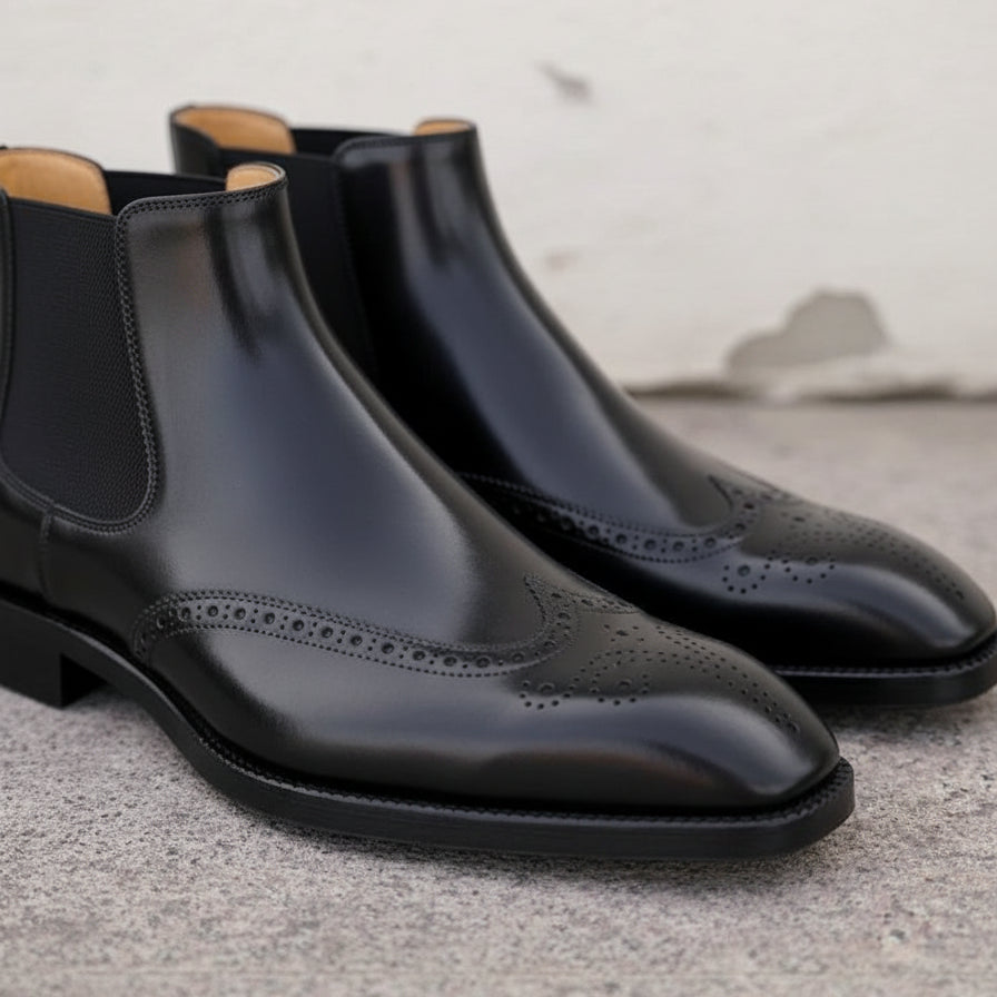 Handmade Mens black wingtip chelsea boots, Men dress boots, Men brogue boot - detail-view-showing-texture