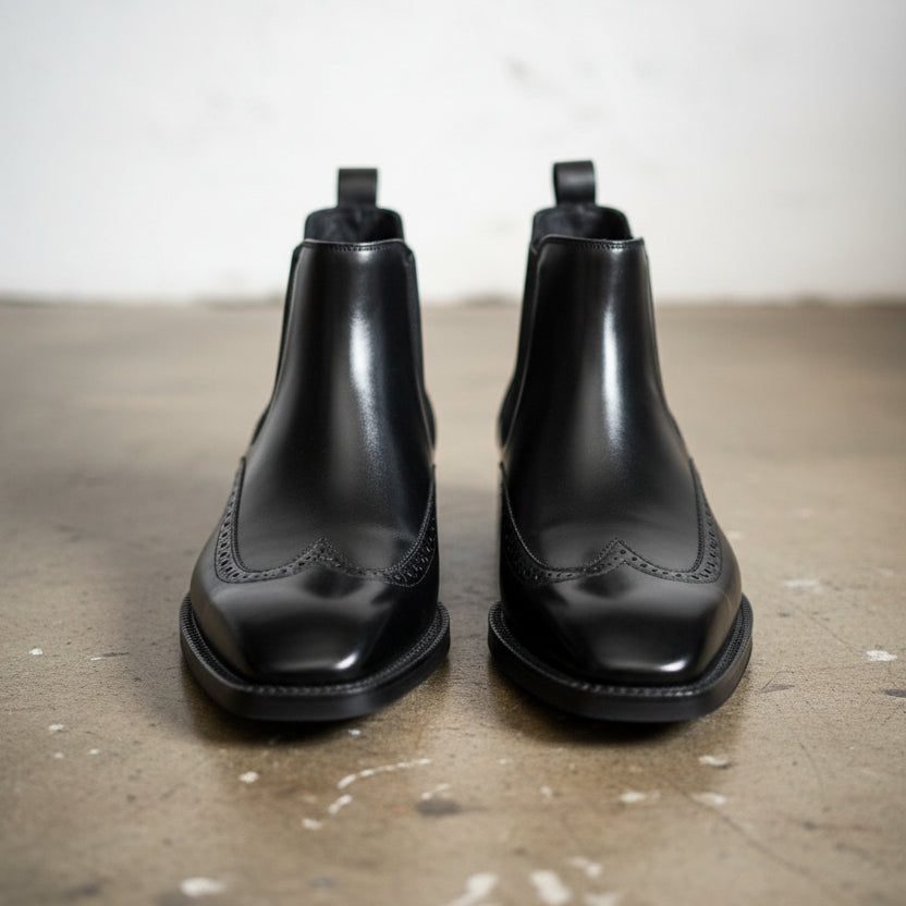 Handmade Mens black wingtip chelsea boots, Men dress boots, Mens ankle boot - front-view
