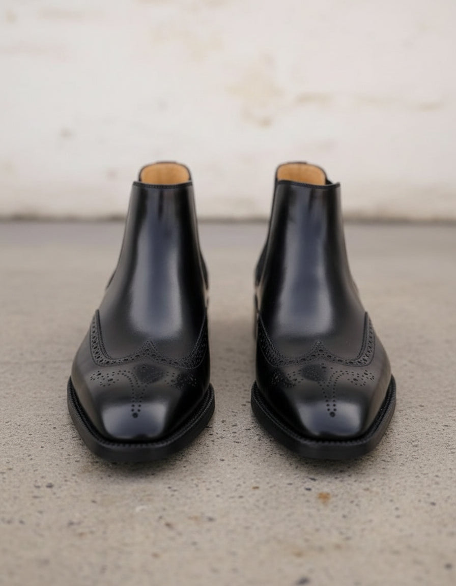 Handmade Mens black wingtip chelsea boots, Men dress boots, Men brogue boot - front-view