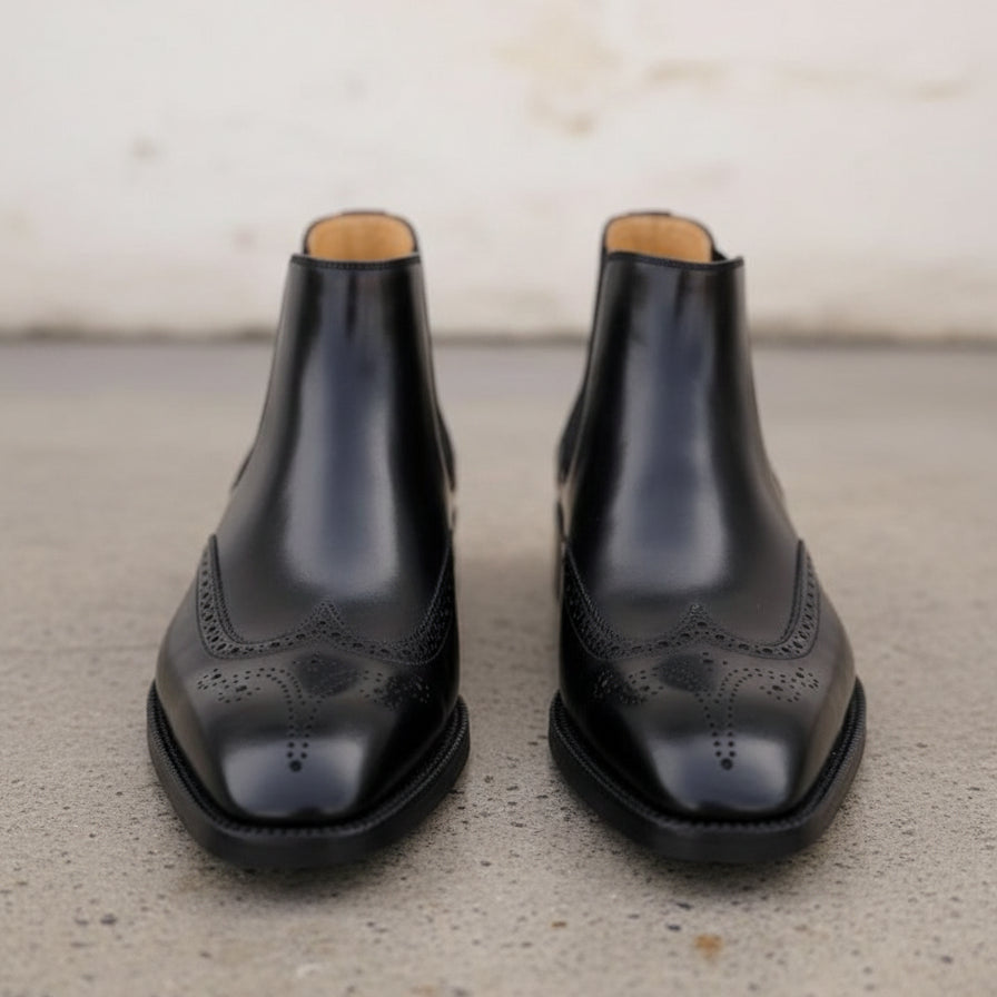 Handmade Mens black wingtip chelsea boots, Men dress boots, Men brogue boot - front-view