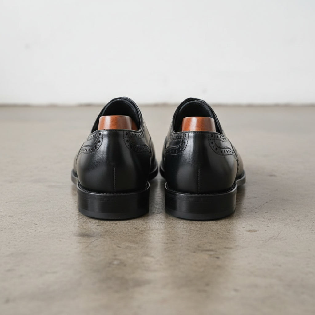 Handmade Mens Black Wingtip dress shoes, Men Black leather brogue shoes - back-view