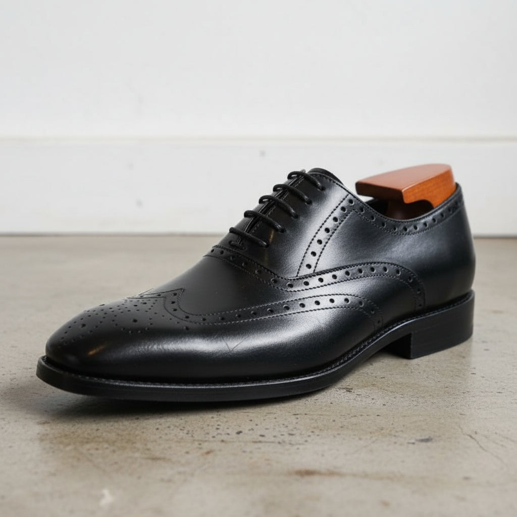 Handmade Mens Black Wingtip dress shoes, Men Black leather brogue shoes - detail-view-showing-texture