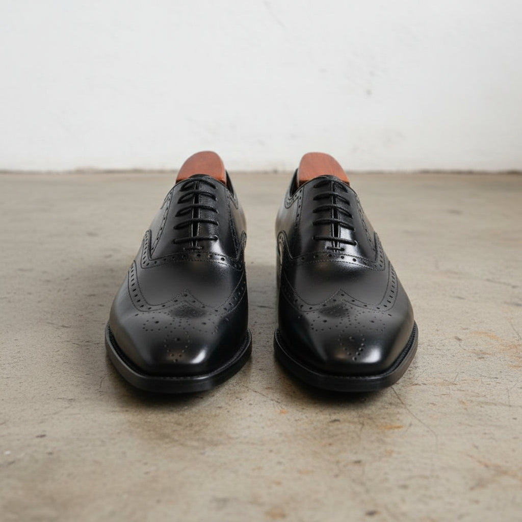 Handmade Mens Black Wingtip dress shoes, Men Black leather brogue shoes - front-view