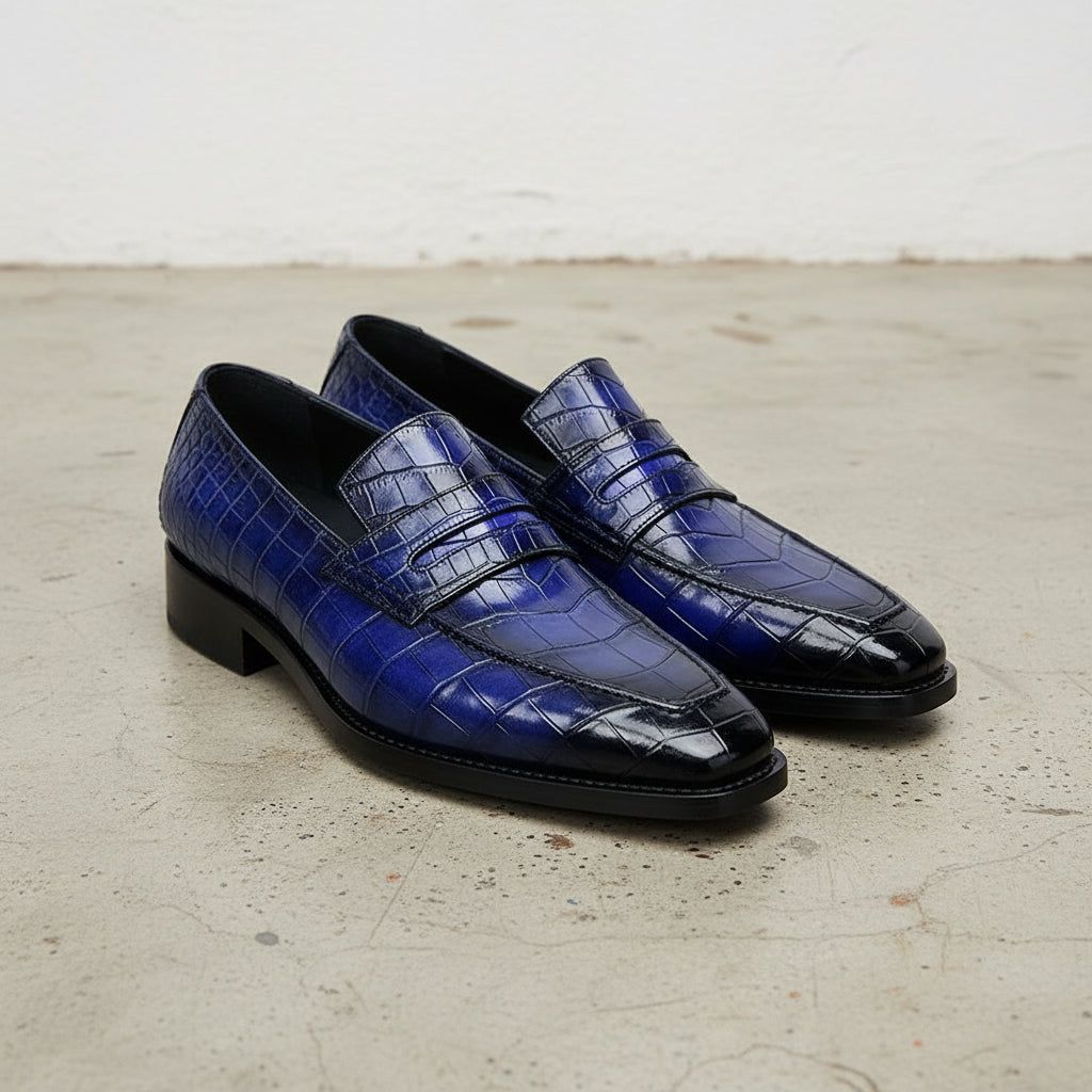 Handmade Mens Blue Alligators embossed print dress shoes moccasins Loafer - angle-view-showing-depth