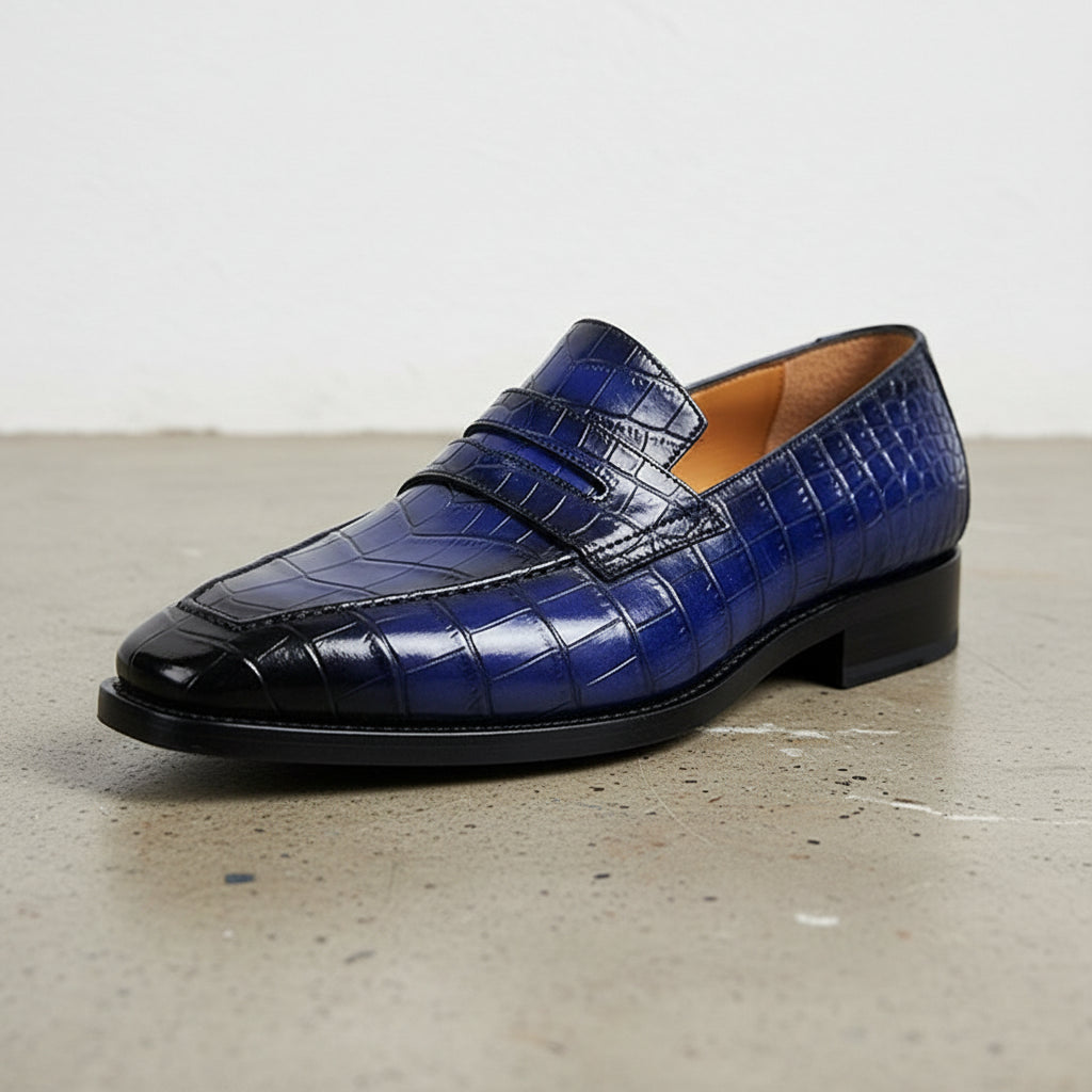 Handmade Mens Blue Alligators embossed print dress shoes moccasins Loafer - detail-view-showing-texture