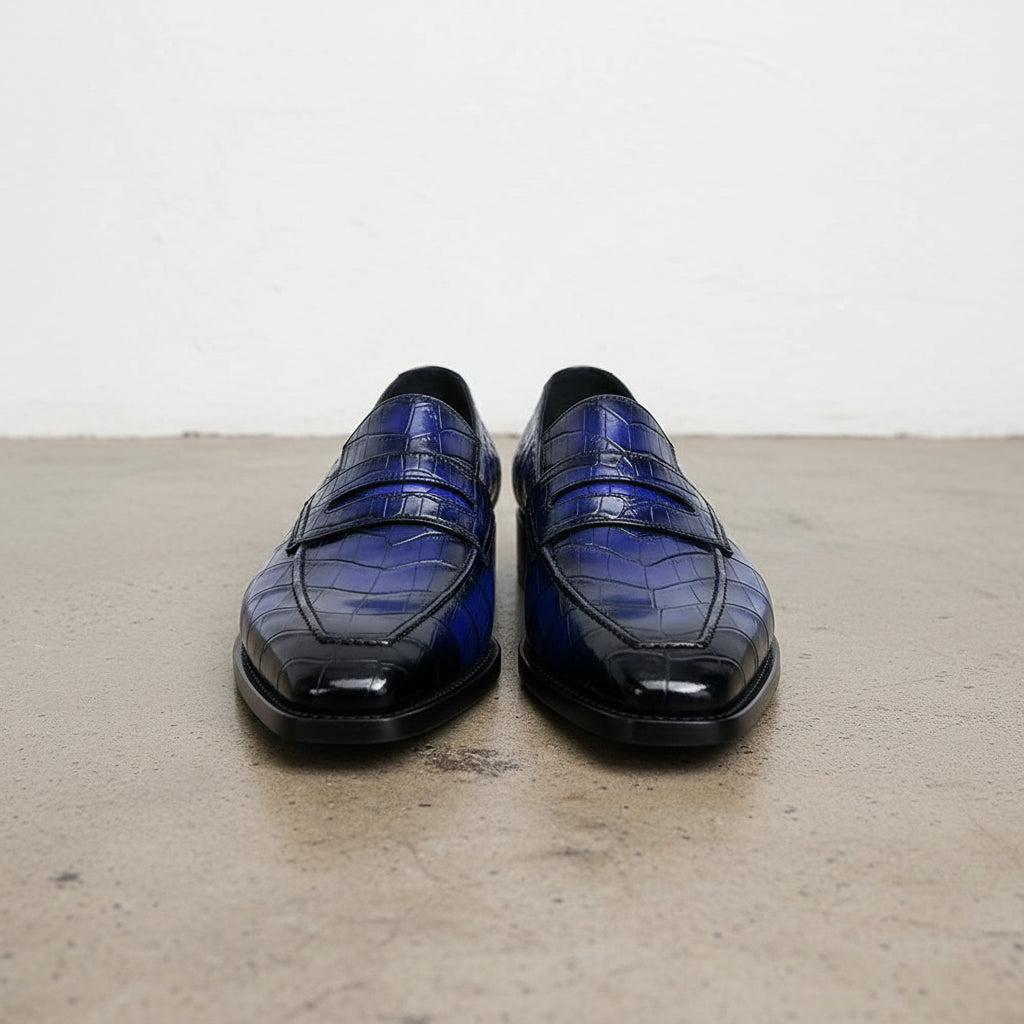 Handmade Mens Blue Alligators embossed print dress shoes moccasins Loafer - front-view