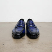 Handmade Mens Blue Alligators embossed print dress shoes moccasins Loafer - front-view