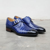 Handmade Mens Blue Crocodile Embossed Monk Shoes, Men blue Dress shoes - 3-4-right-view