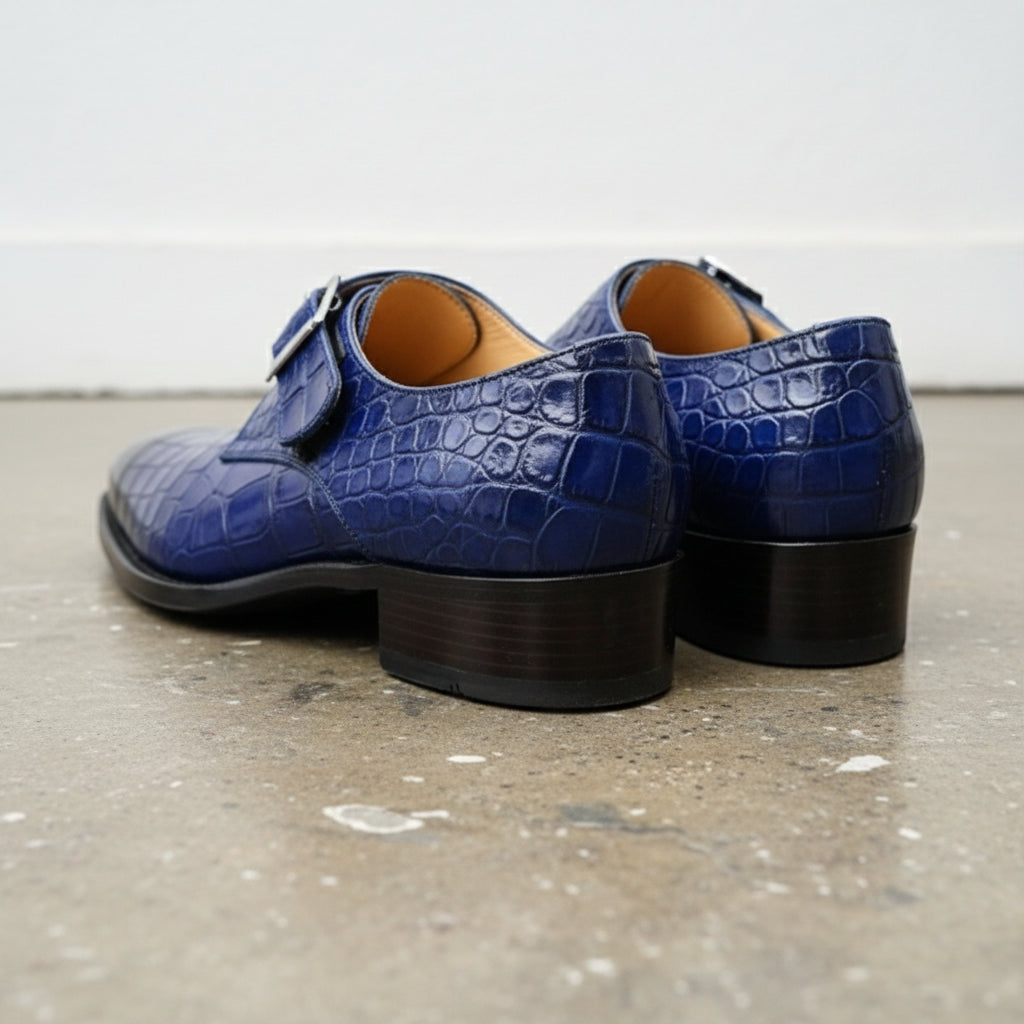 Handmade Mens Blue Crocodile Embossed Monk Shoes, Men blue Dress shoes - angle-view-showing-depth