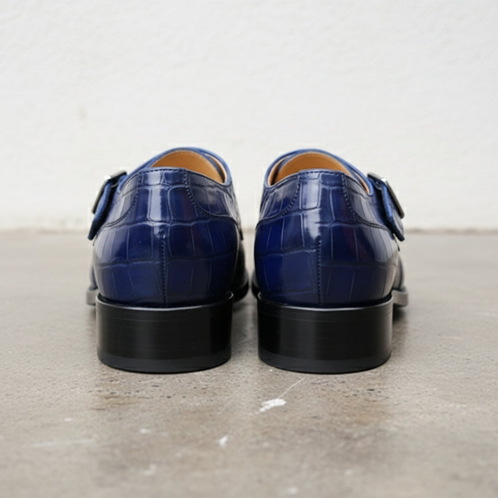 Handmade Mens Blue Crocodile Embossed Monk Shoes, Men blue Dress shoes - back-view
