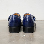 Handmade Mens Blue Crocodile Embossed Monk Shoes, Men blue Dress shoes - back-view