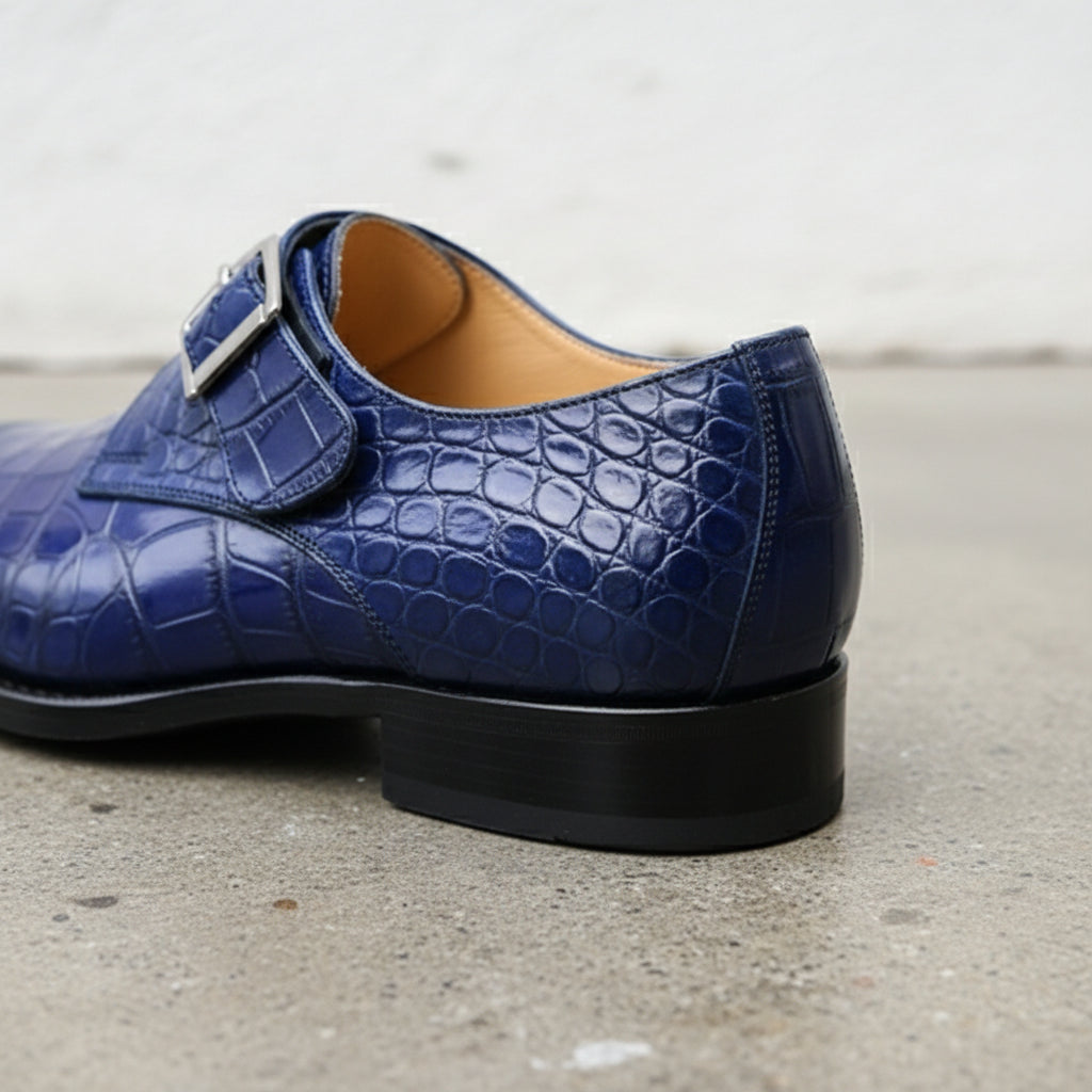 Handmade Mens Blue Crocodile Embossed Monk Shoes, Men blue Dress shoes - detail-view-showing-texture