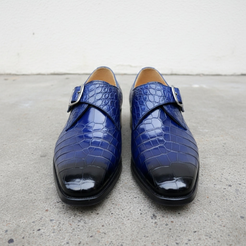 Handmade Mens Blue Crocodile Embossed Monk Shoes, Men blue Dress shoes - front-view