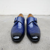 Handmade Mens Blue Crocodile Embossed Monk Shoes, Men blue Dress shoes - front-view