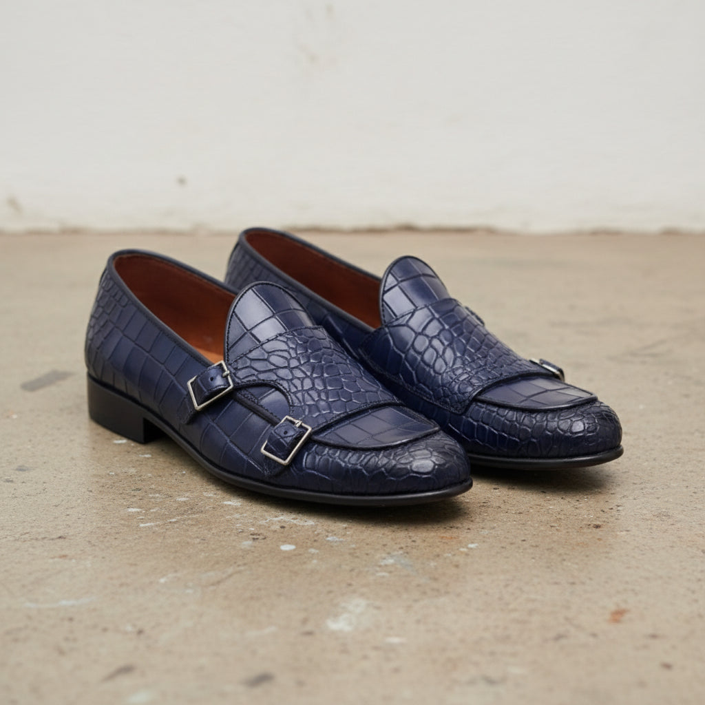 Handmade Mens blue crocodile monk shoes, Men blue Loafer shoes - angle-view-showing-depth
