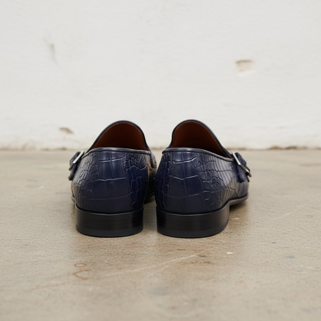 Handmade Mens blue crocodile monk shoes, Men blue Loafer shoes - back-view