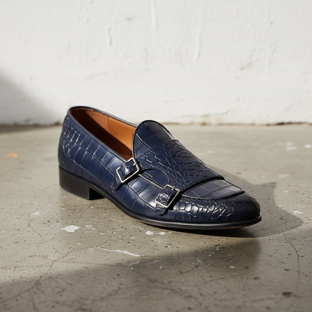 Handmade Mens blue crocodile monk shoes, Men blue Loafer shoes - detail-view-showing-texture