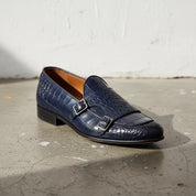 Handmade Mens blue crocodile monk shoes, Men blue Loafer shoes - detail-view-showing-texture