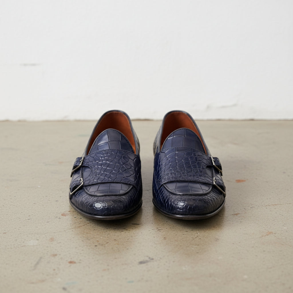 Handmade Mens blue crocodile monk shoes, Men blue Loafer shoes - front-view
