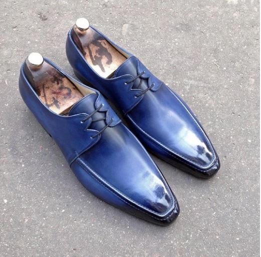 Handmade Men's Blue Derby Lace Up Dress Shoes, Real Office Leather Shoes