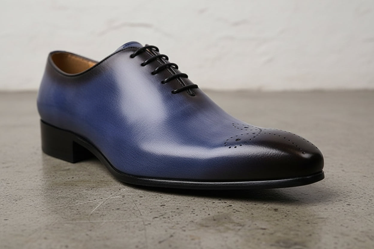 Handmade Mens Blue formal shoes, Men leather dress shoes, Men brogue shoes - detail-view-showing-texture