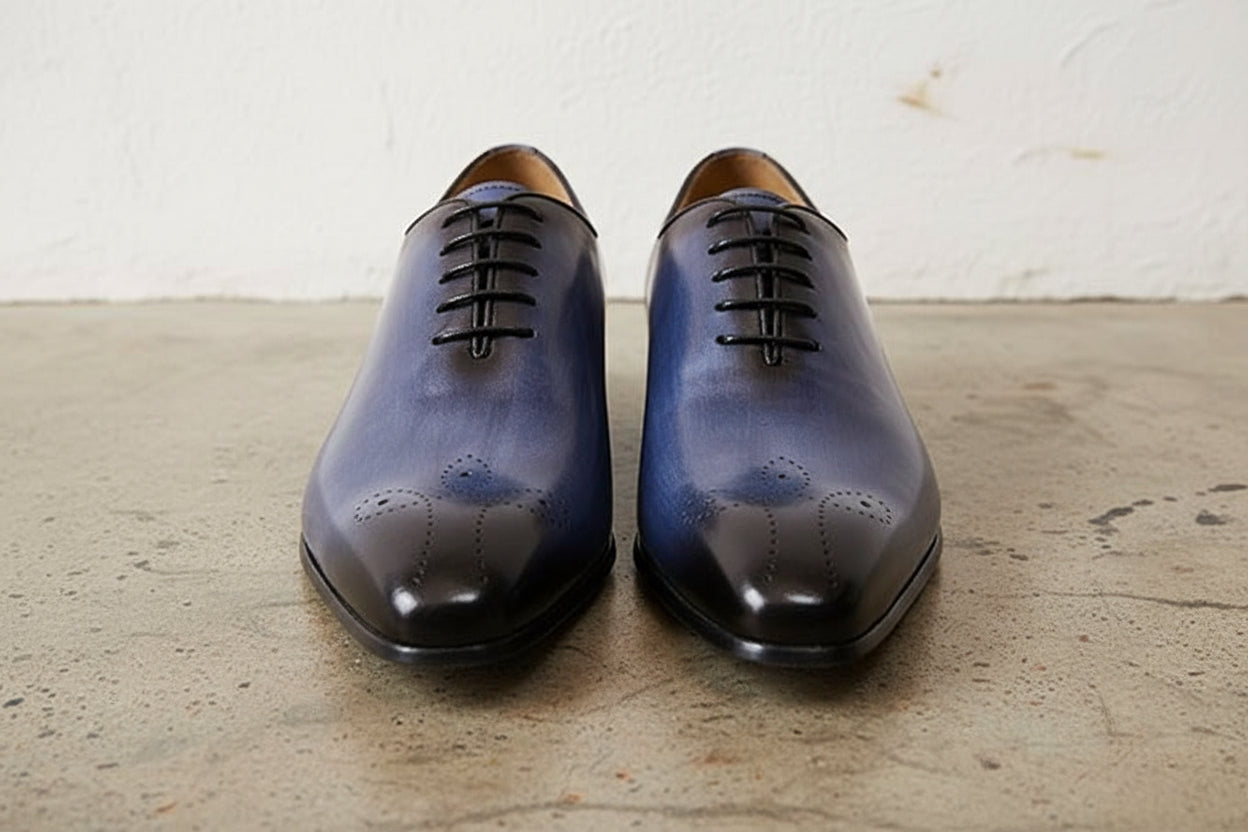 Handmade Mens Blue formal shoes, Men leather dress shoes, Men brogue shoes - front-view