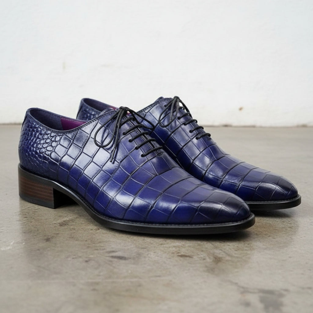 Handmade Mens Blue Lace up Shoes, Men Crocodile Patterned Dress Shoes - angle-view-showing-depth