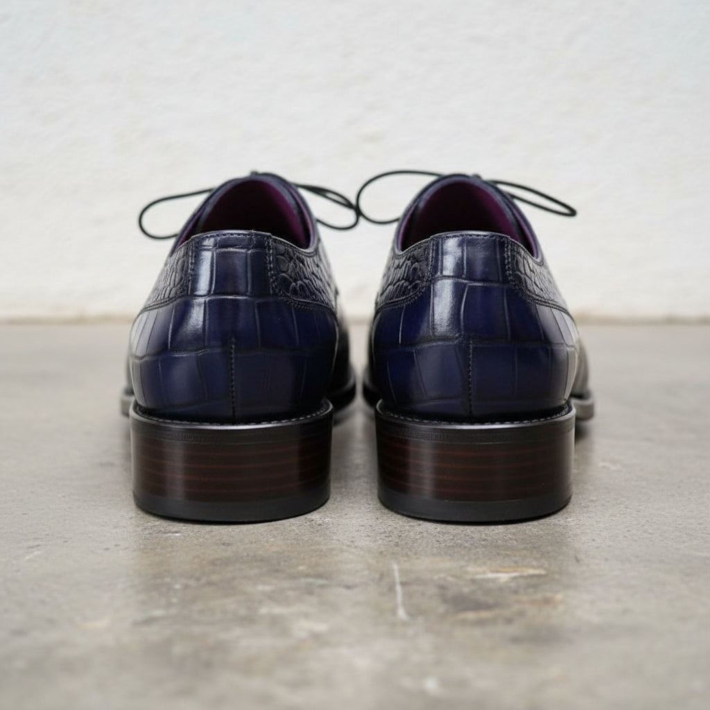 Handmade Mens Blue Lace up Shoes, Men Crocodile Patterned Dress Shoes - back-view