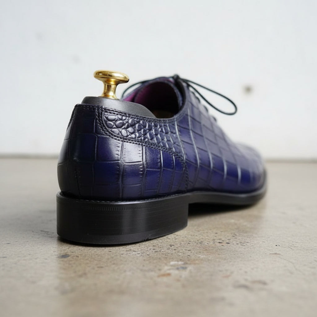 Handmade Mens Blue Lace up Shoes, Men Crocodile Patterned Dress Shoes - detail-view-showing-texture