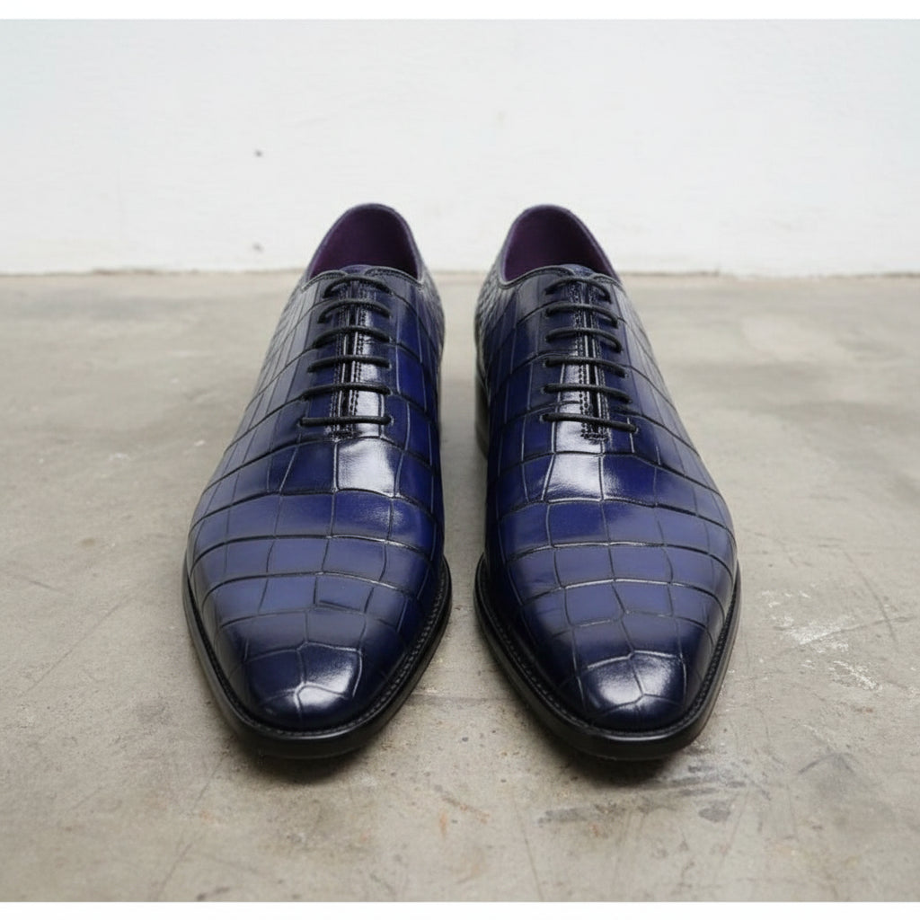 Handmade Mens Blue Lace up Shoes, Men Crocodile Patterned Dress Shoes - front-view