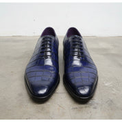Handmade Mens Blue Lace up Shoes, Men Crocodile Patterned Dress Shoes - front-view