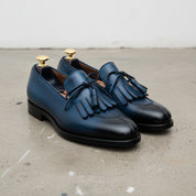 Handmade Mens Blue Leather fringe dress shoes moccasins, Shoes for men - 3-4-right-view