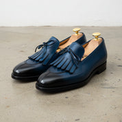 Handmade Mens Blue Leather fringe dress shoes moccasins, Shoes for men - angle-view-showing-depth