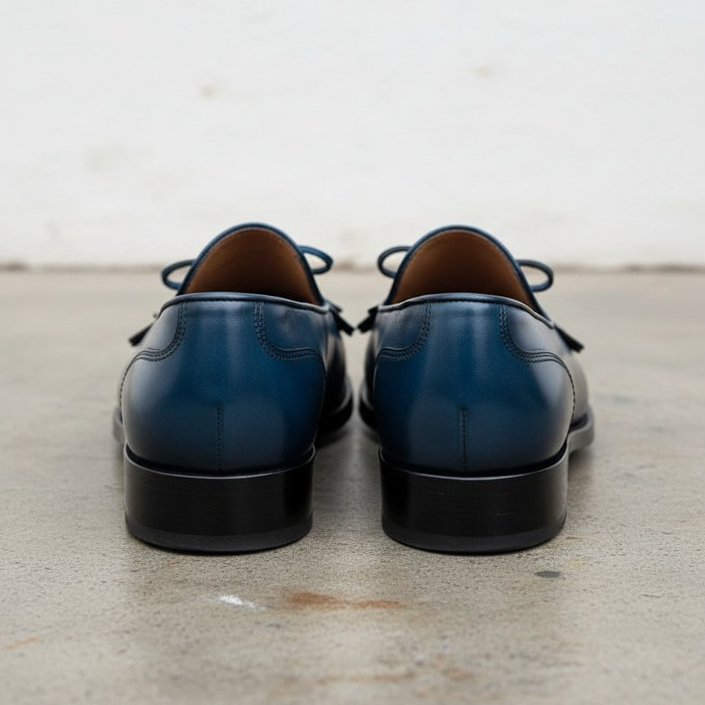 Handmade Mens Blue Leather fringe dress shoes moccasins, Shoes for men - back-view