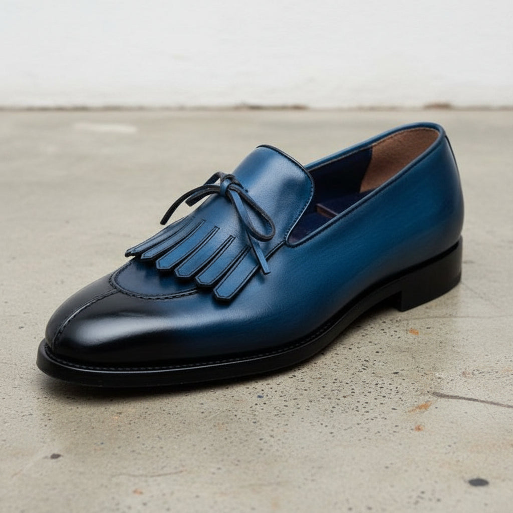 Handmade Mens Blue Leather fringe dress shoes moccasins, Shoes for men - detail-view-showing-texture