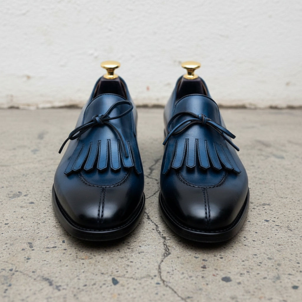 Handmade Mens Blue Leather fringe dress shoes moccasins, Shoes for men - front-view