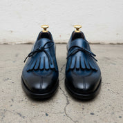 Handmade Mens Blue Leather fringe dress shoes moccasins, Shoes for men - front-view