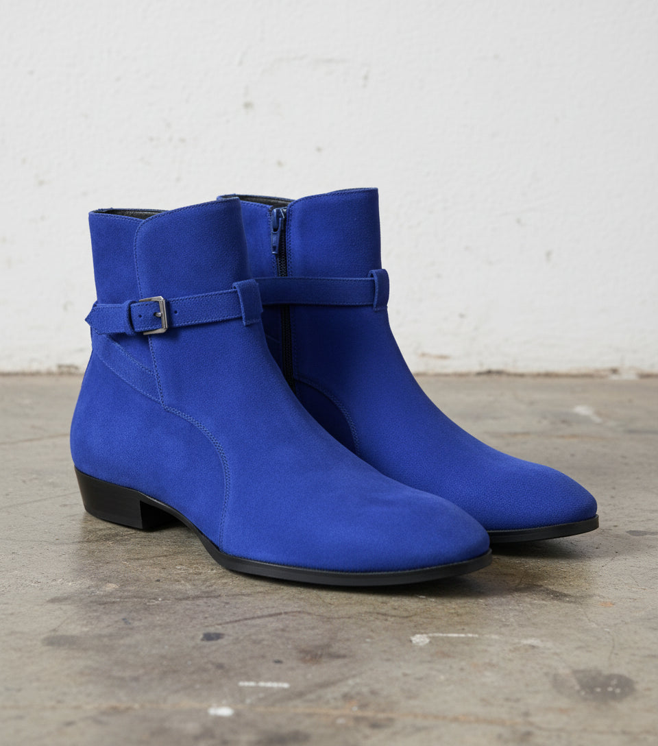 Handmade Mens Blue Suede Jodhpurs Boot, Men blue Fashion ankle boots - angle-view-showing-depth
