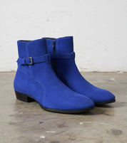 Handmade Mens Blue Suede Jodhpurs Boot, Men blue Fashion ankle boots - angle-view-showing-depth