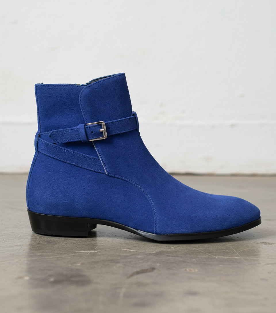 Handmade Mens Blue Suede Jodhpurs Boot, Men blue Fashion ankle boots - detail-view-showing-texture