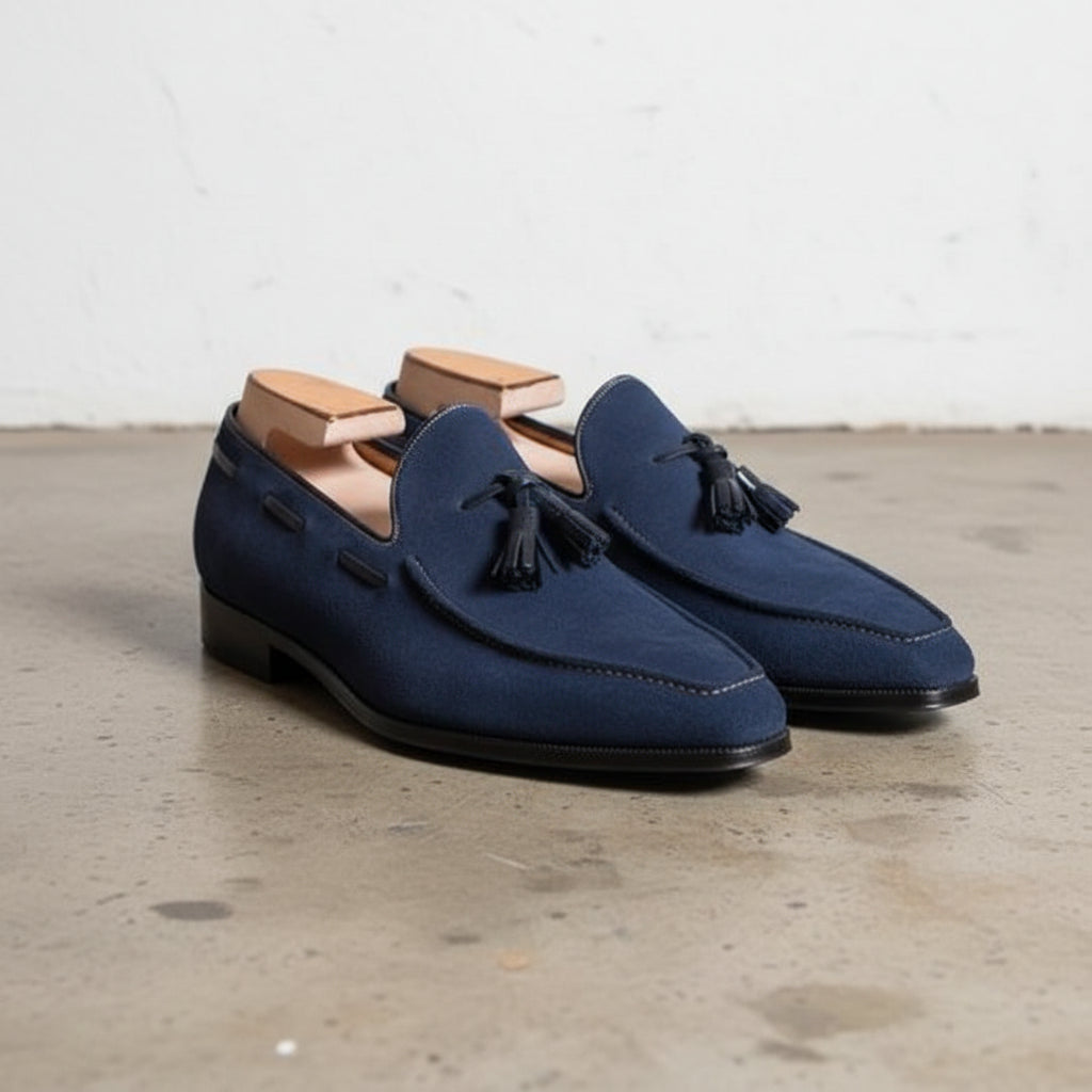 Handmade Mens blue suede moccasins, Men Navy blue suede tasseled shoes - 3-4-right-view
