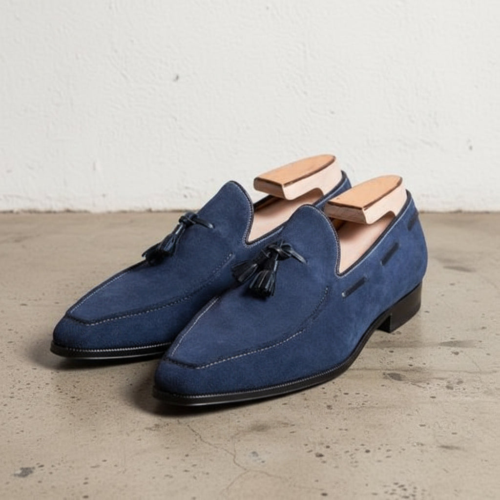 Handmade Mens blue suede moccasins, Men Navy blue suede tasseled shoes - angle-view-showing-depth