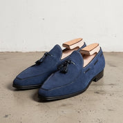 Handmade Mens blue suede moccasins, Men Navy blue suede tasseled shoes - angle-view-showing-depth