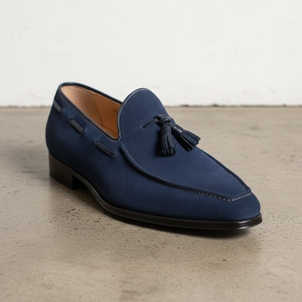 Handmade Mens blue suede moccasins, Men Navy blue suede tasseled shoes - detail-view-showing-texture