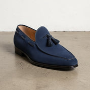 Handmade Mens blue suede moccasins, Men Navy blue suede tasseled shoes - detail-view-showing-texture